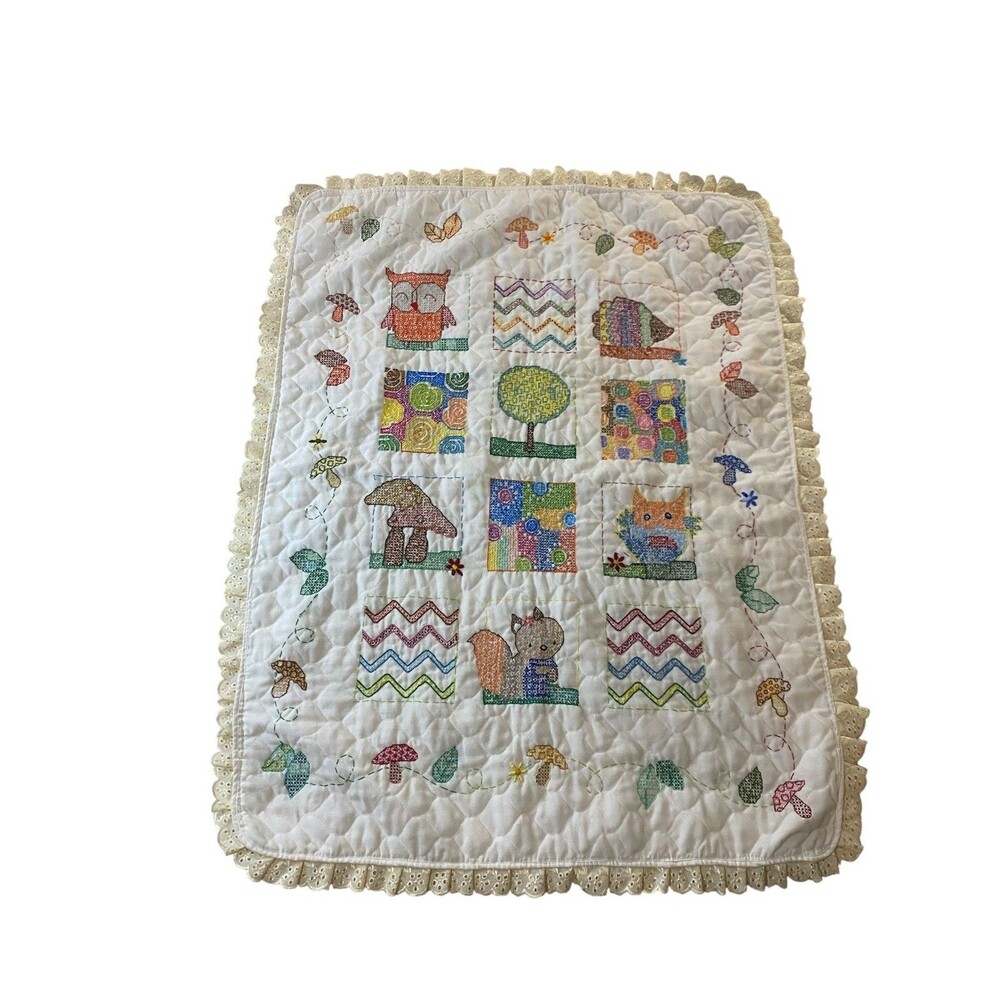 Handmade Quilted Baby Blanket Embroidered Woodland Animals Owl Squirrel Mushroom